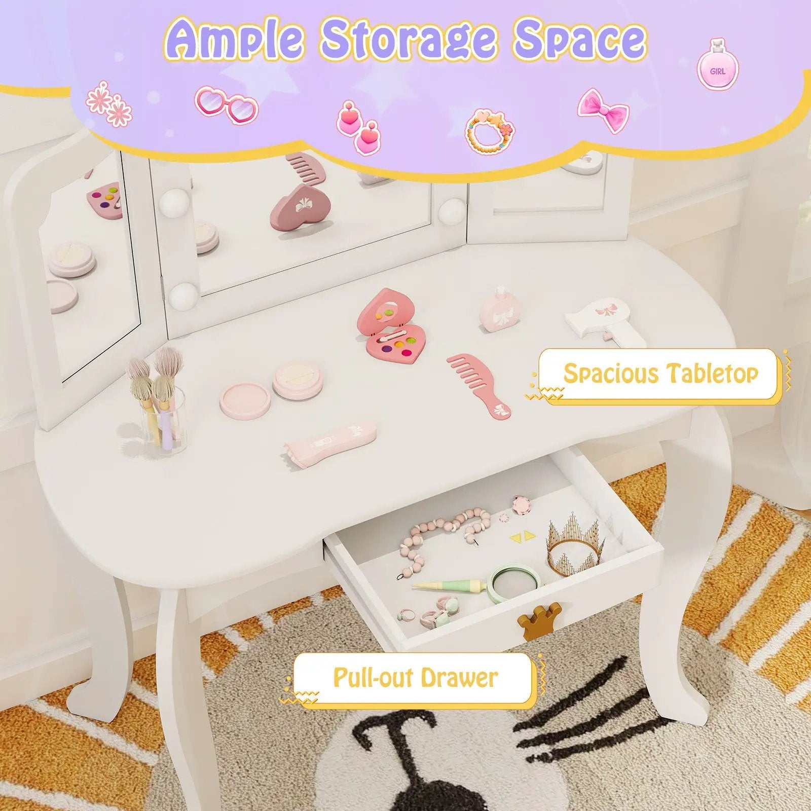 Kids Vanity Set with Tri-fold Lighted Mirror Detachable Top and Stool by DirectDeals