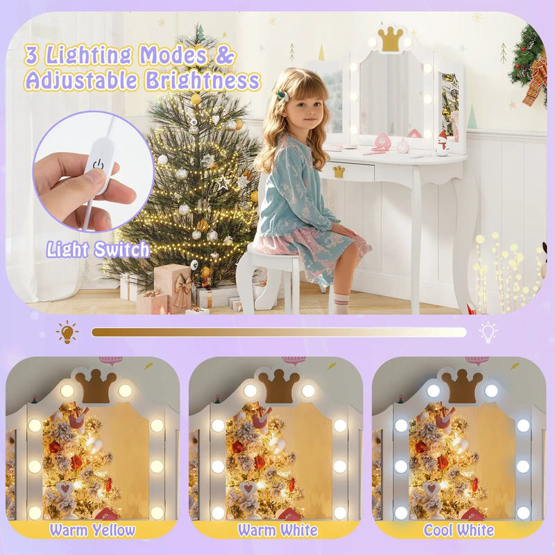 Kids Vanity Set with Tri-fold Lighted Mirror Detachable Top and Stool by DirectDeals