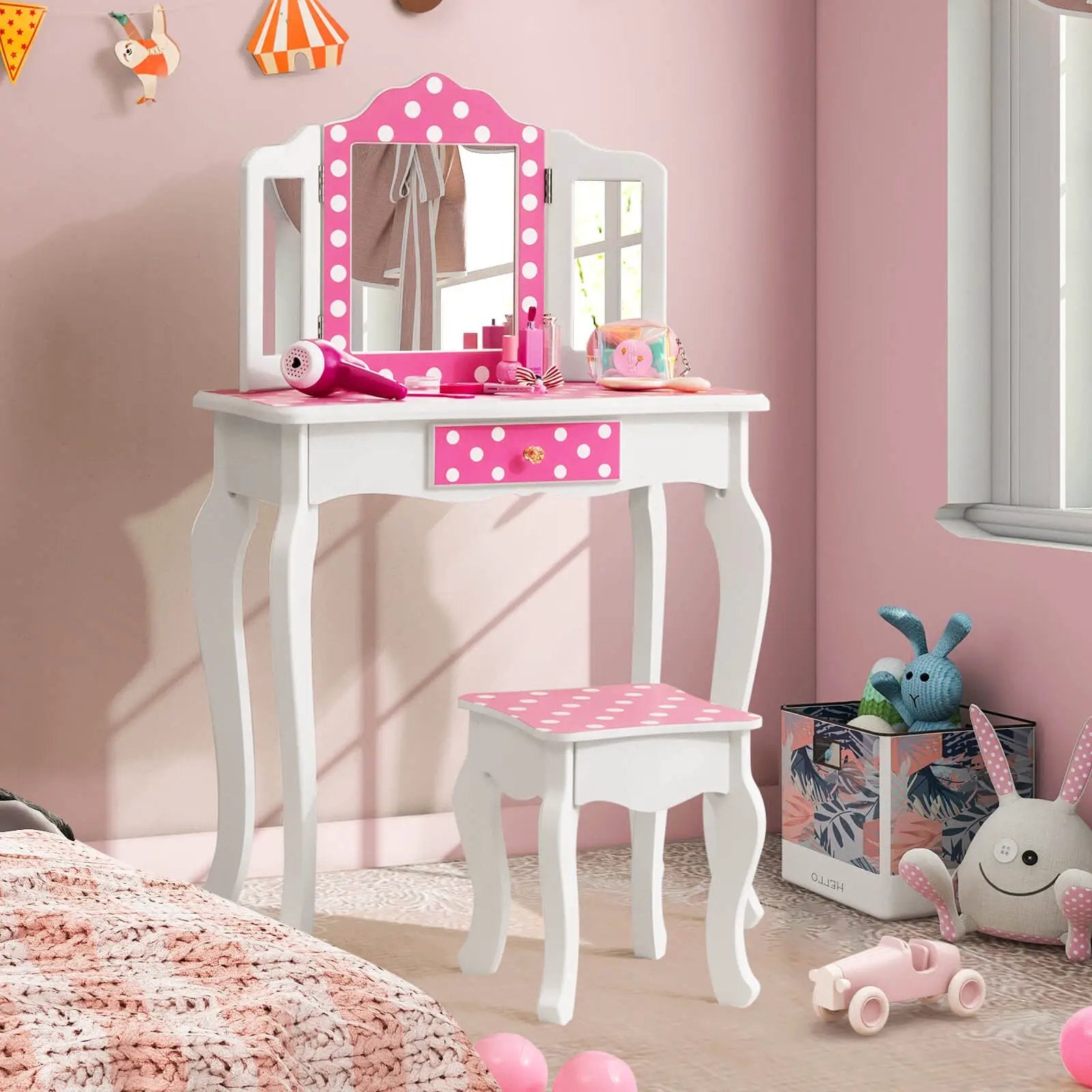 Kids Vanity Table and Stool Set with Cute Polka Dot Print-Pink by DirectDeals
