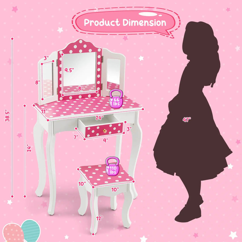 Kids Vanity Table and Stool Set with Cute Polka Dot Print-Pink by DirectDeals