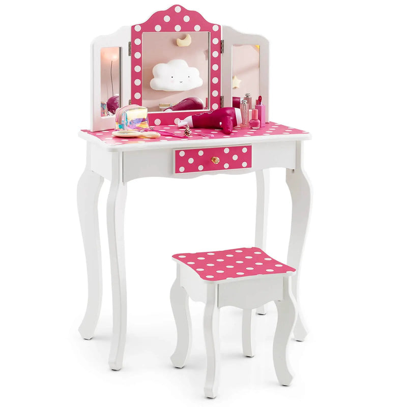 Kids Vanity Table and Stool Set with Cute Polka Dot Print-Pink by DirectDeals
