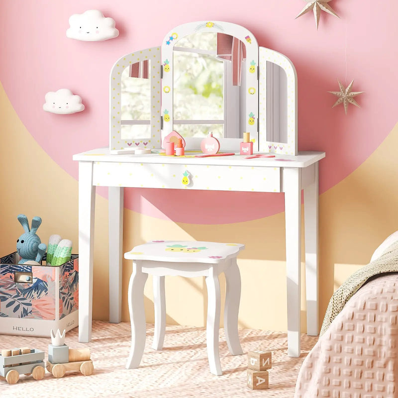 Kids Vanity Table Set with Tri-Folding Mirror and Large Drawer-White by DirectDeals