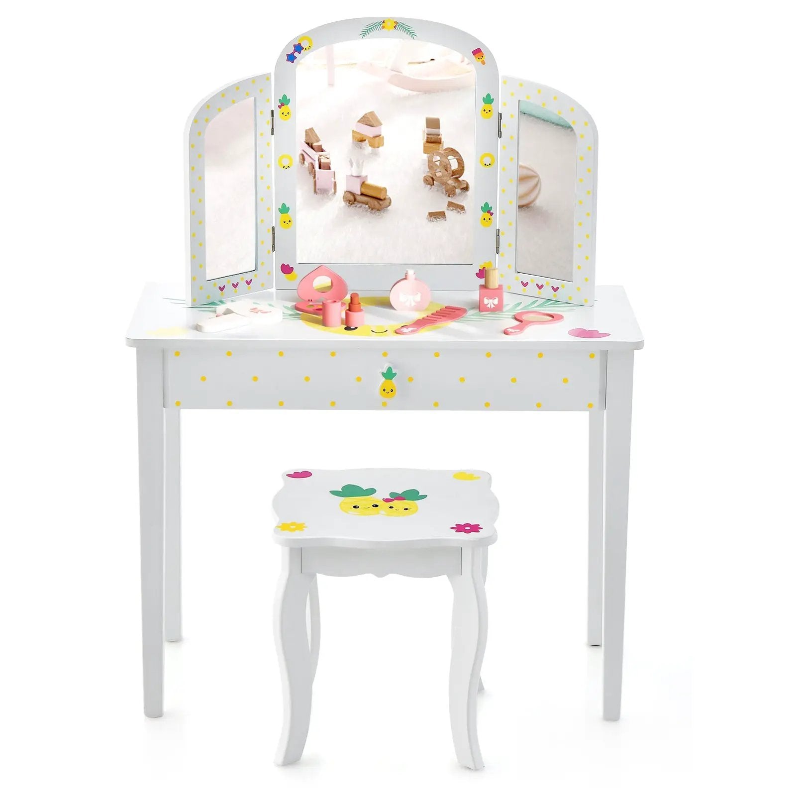 Kids Vanity Table Set with Tri-Folding Mirror and Large Drawer-White by DirectDeals