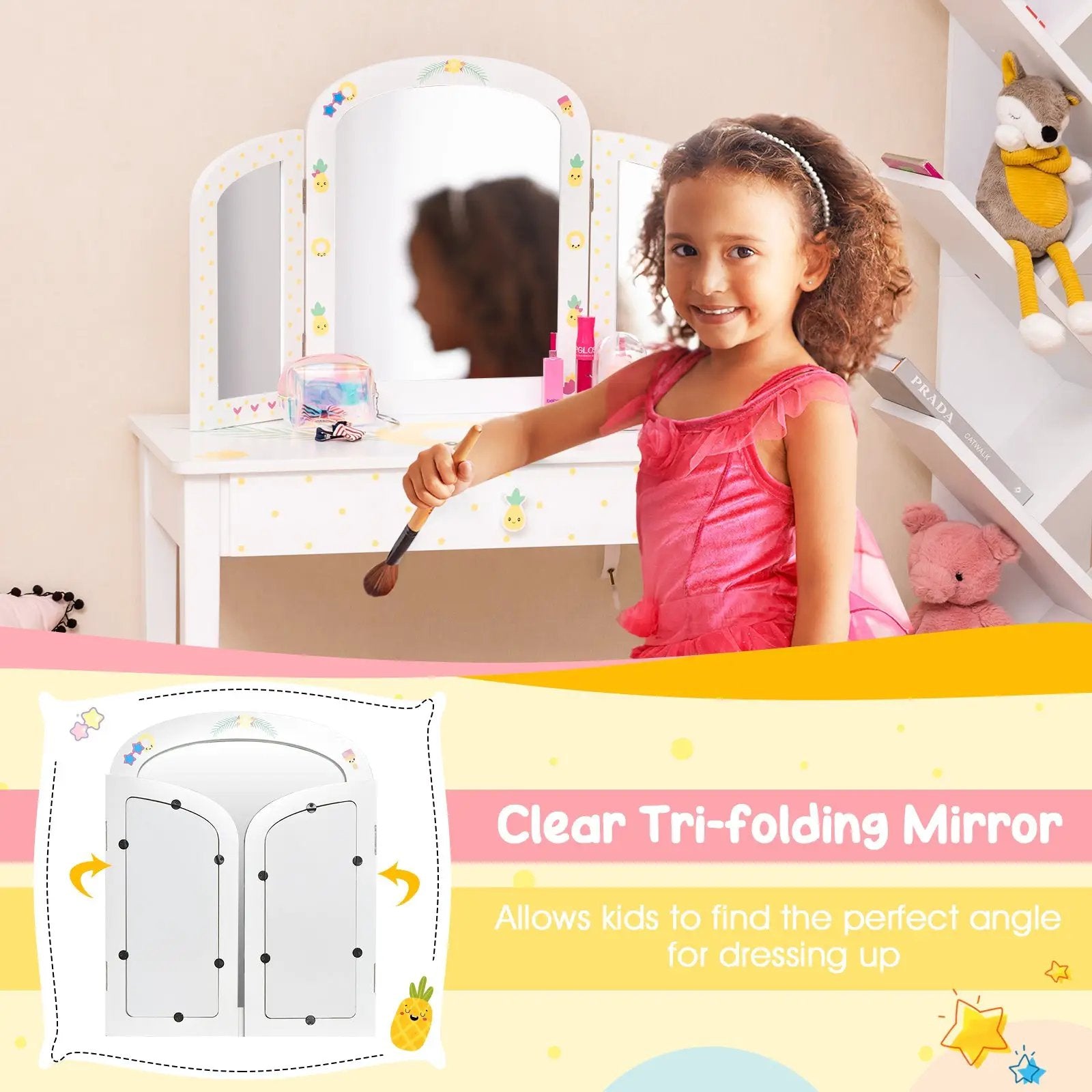 Kids Vanity Table Set with Tri-Folding Mirror and Large Drawer-White by DirectDeals