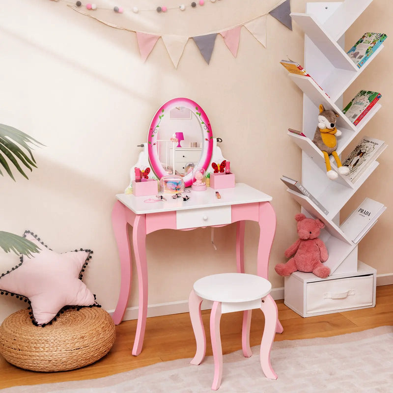 Kids Vanity Table and Stool Set with 360° Rotating Mirror and Whiteboard-Pink by DirectDeals