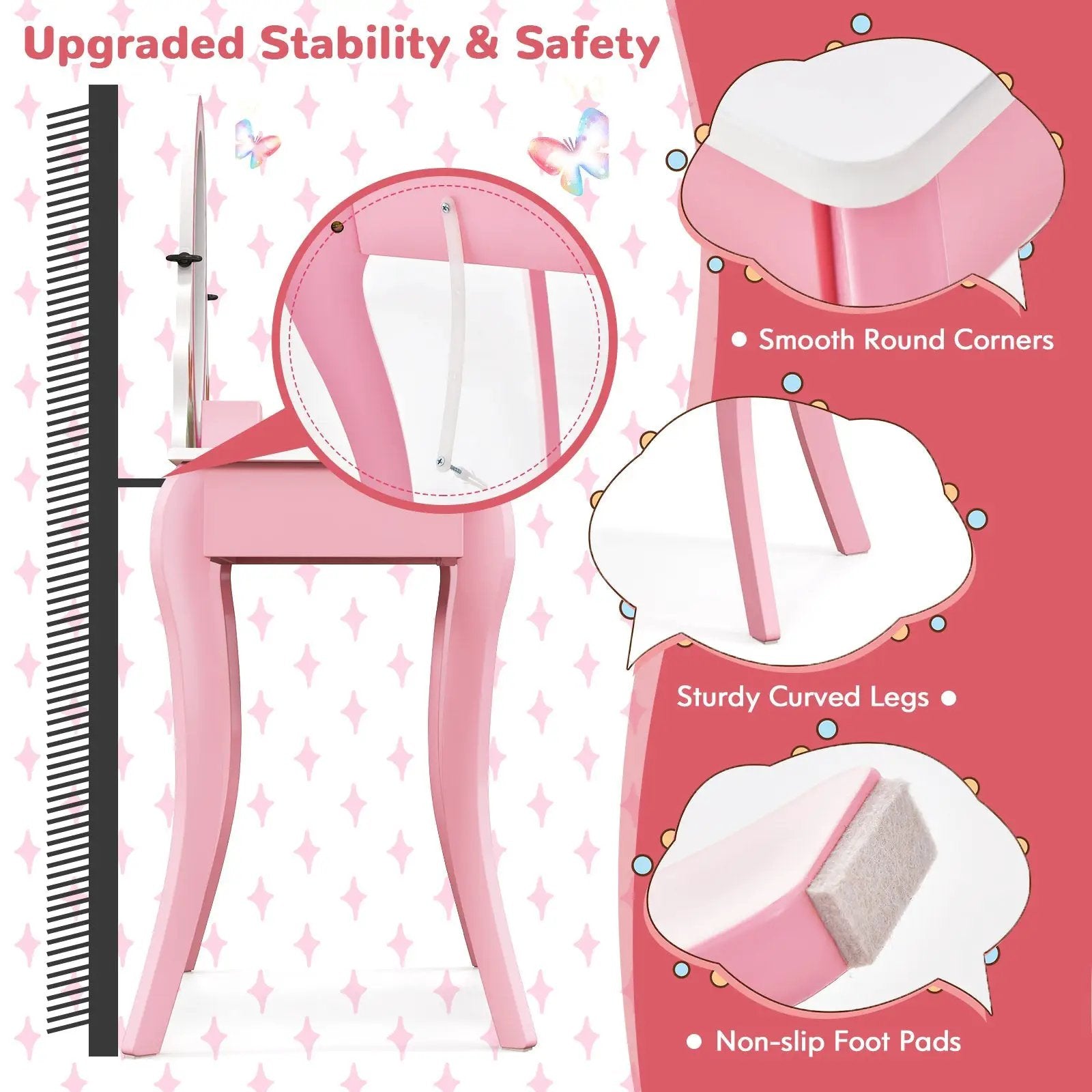 Kids Vanity Table and Stool Set with 360° Rotating Mirror and Whiteboard-Pink by DirectDeals