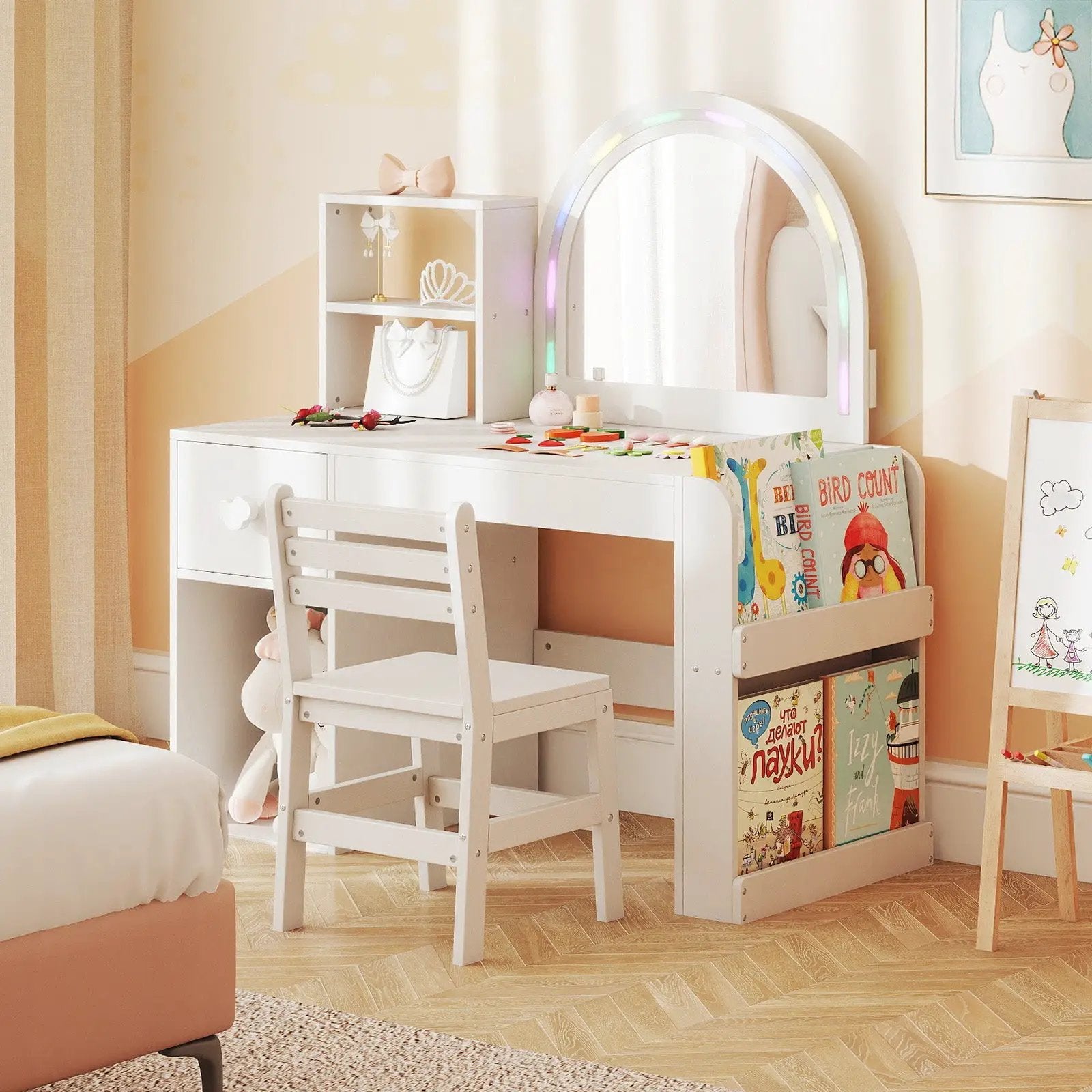 Kids Vanity Table and Chair Set with Lighted Mirror for Kids Aged 3+ Years Old by DirectDeals