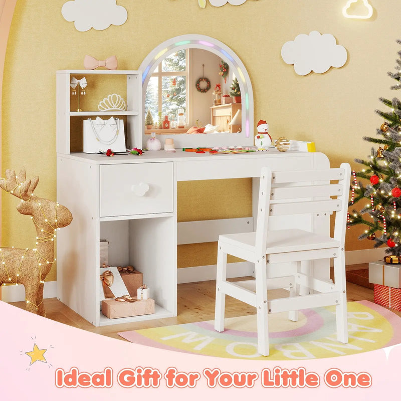 Kids Vanity Table and Chair Set with Lighted Mirror for Kids Aged 3+ Years Old by DirectDeals