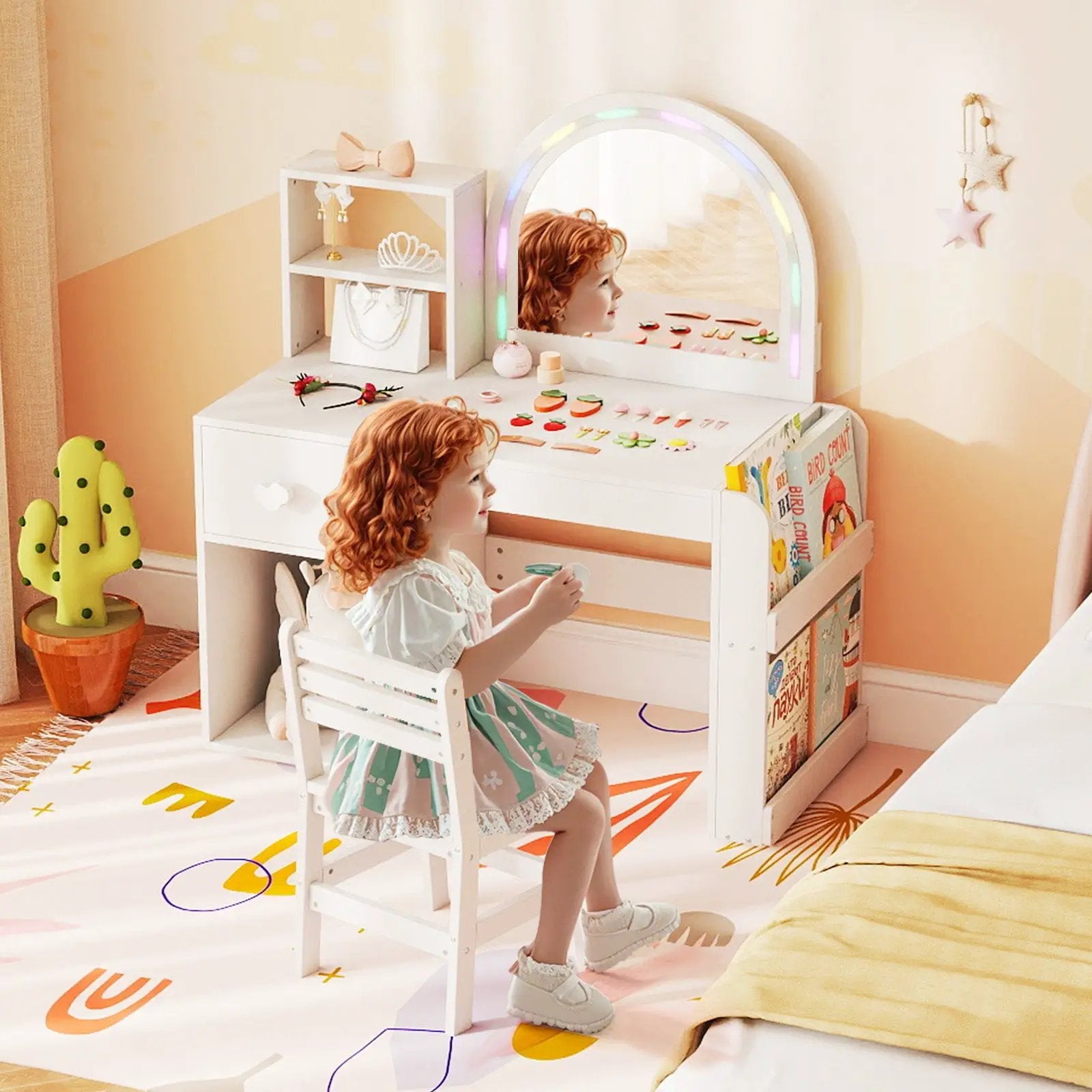 Kids Vanity Table and Chair Set with Lighted Mirror for Kids Aged 3+ Years Old by DirectDeals