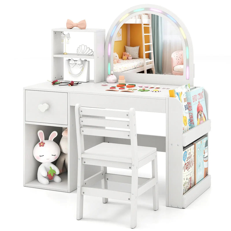 Kids Vanity Table and Chair Set with Lighted Mirror for Kids Aged 3+ Years Old by DirectDeals