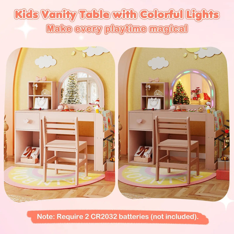 Kids Vanity Table and Chair Set with Lighted Mirror for Kids Aged 3+ Years Old by DirectDeals