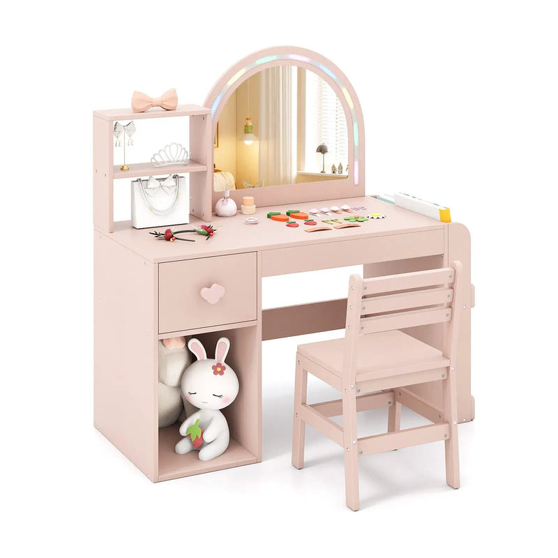 Kids Vanity Table and Chair Set with Lighted Mirror for Kids Aged 3+ Years Old by DirectDeals
