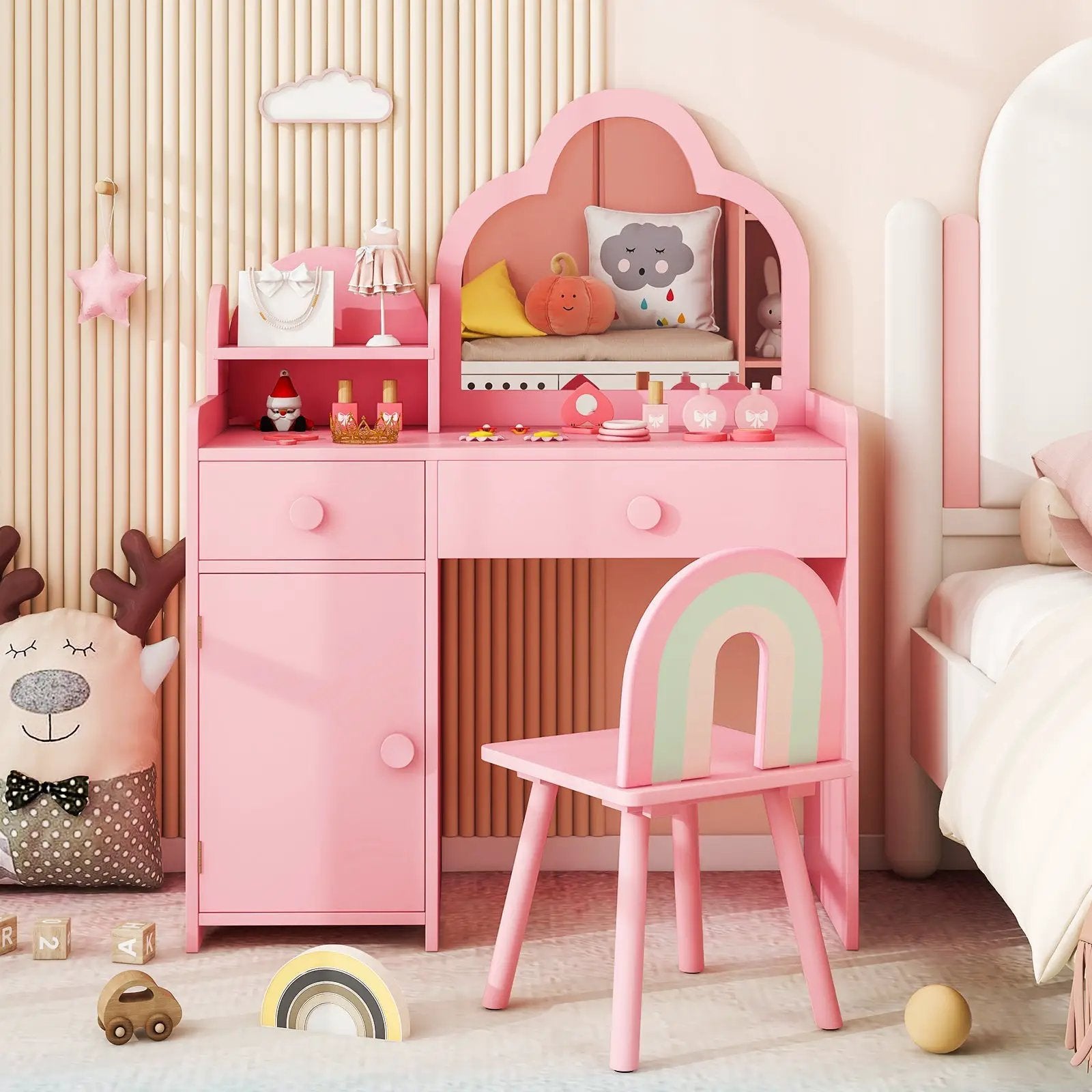 Kids Vanity Table and Chair Set with Cloud-shaped Mirror and Open Shelf by DirectDeals