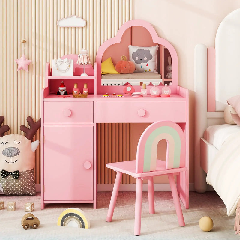 Kids Vanity Table and Chair Set with Cloud-shaped Mirror and Open Shelf by DirectDeals