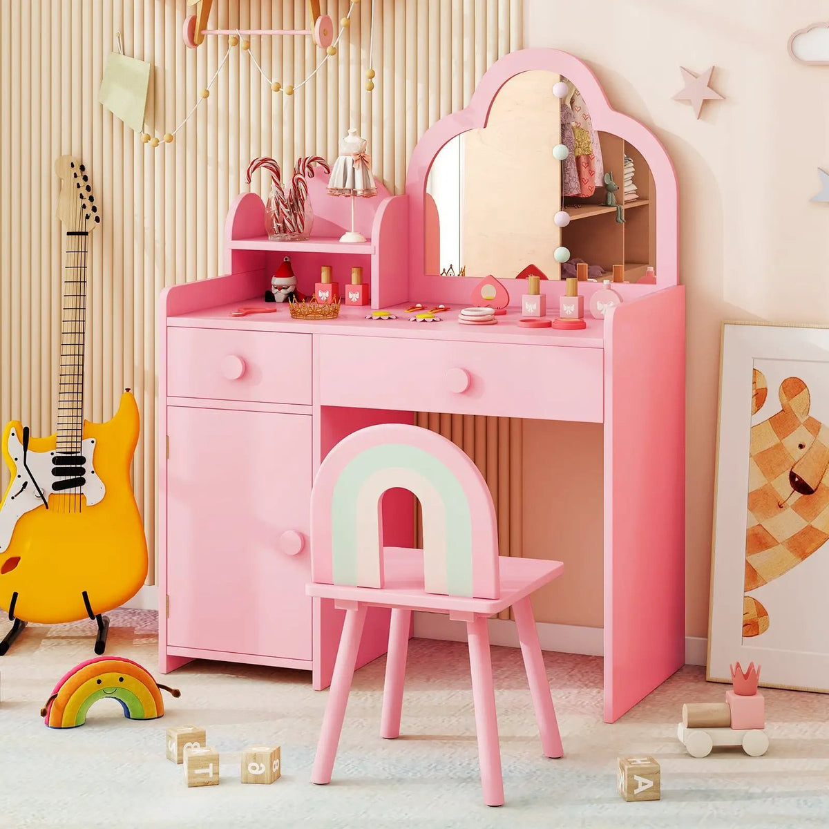 Kids Vanity Table and Chair Set with Cloud-shaped Mirror and Open Shelf, photo 2 of 10