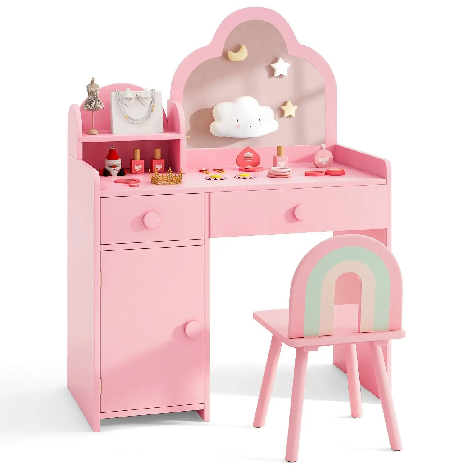 Kids Vanity Table and Chair Set with Cloud-shaped Mirror and Open Shelf by DirectDeals