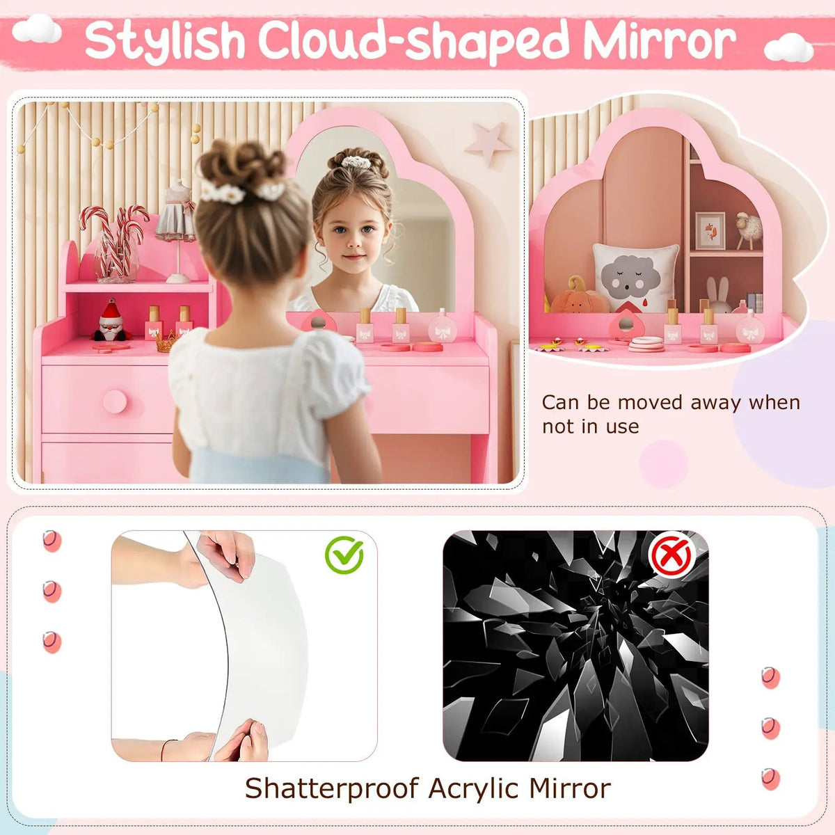 Kids Vanity Table and Chair Set with Cloud-shaped Mirror and Open Shelf, photo 5 of 10