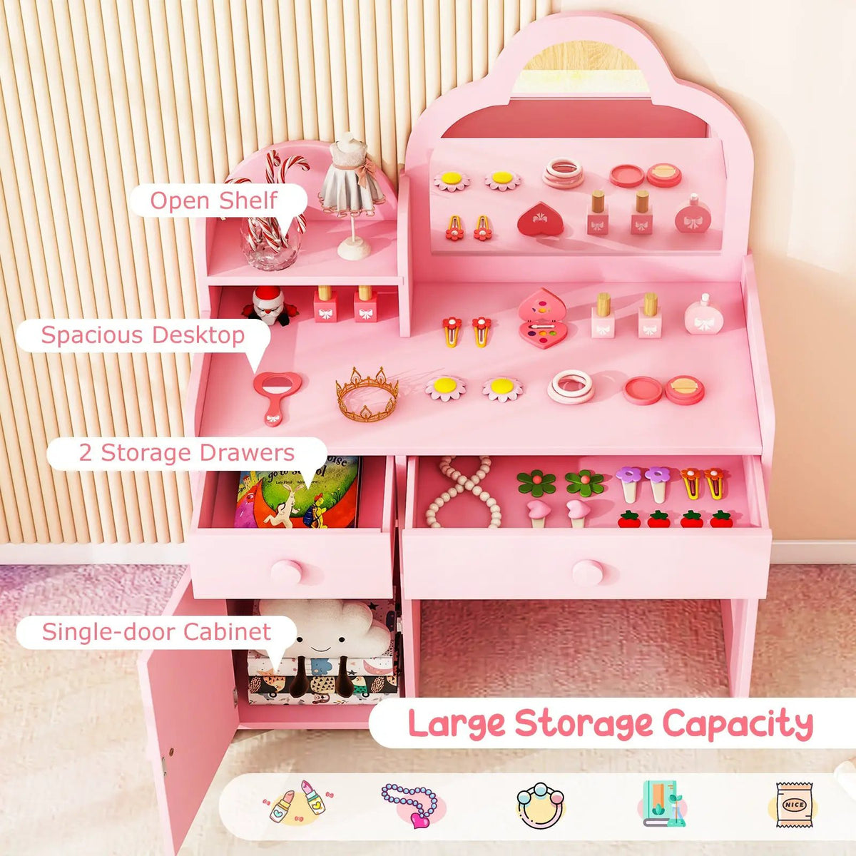 Kids Vanity Table and Chair Set with Cloud-shaped Mirror and Open Shelf, photo 6 of 10