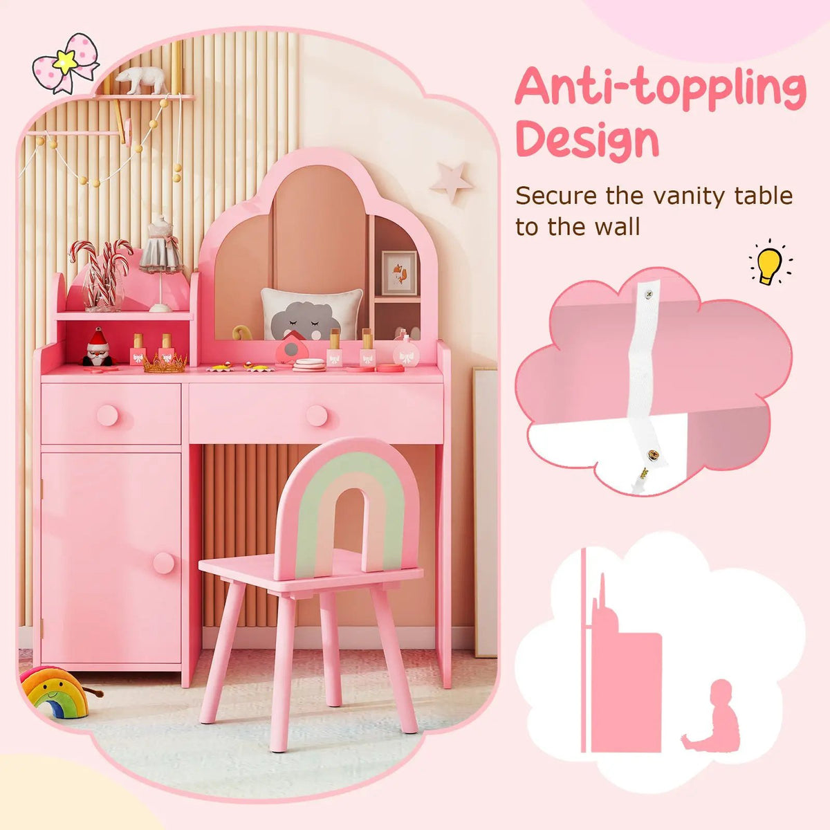 Kids Vanity Table and Chair Set with Cloud-shaped Mirror and Open Shelf, photo 8 of 10