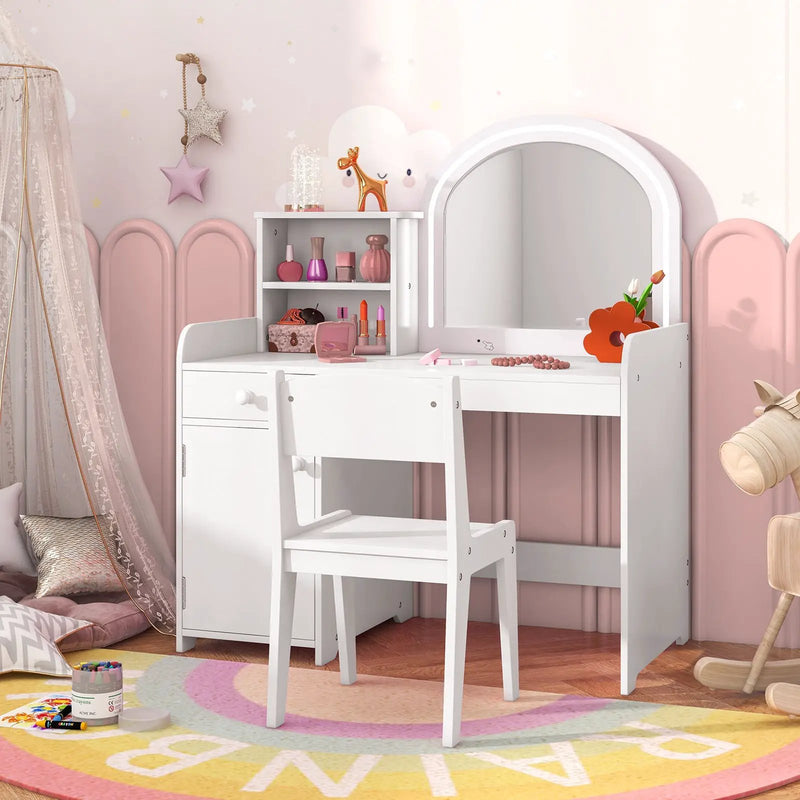 Kids Vanity Table and Chair Set with Shelves Drawer and Cabinet-White by DirectDeals