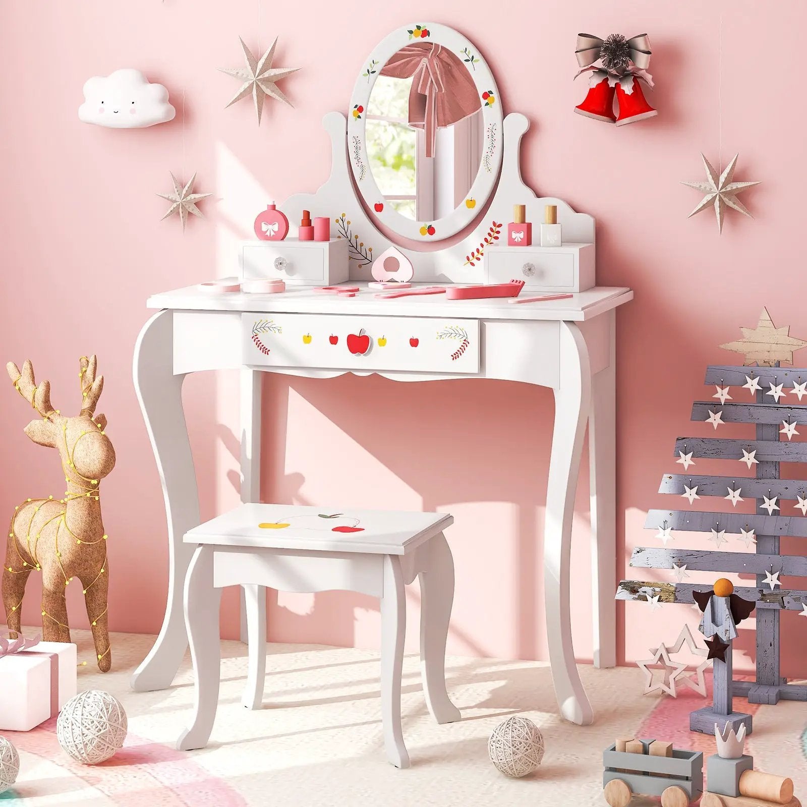 Kids Vanity and Stool Set with 360° Rotatable Mirror and Whiteboard-White by DirectDeals