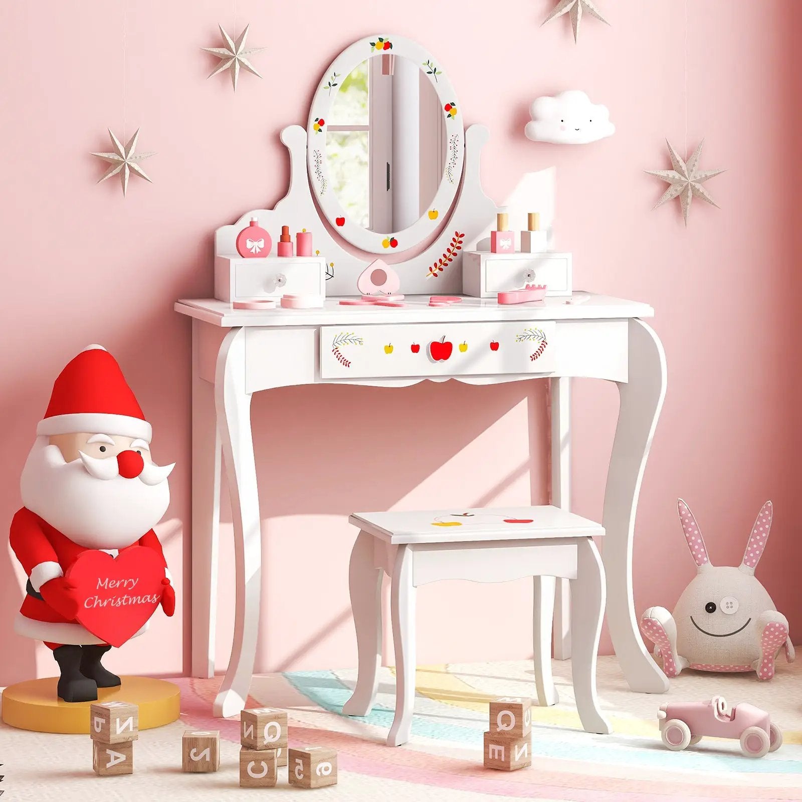 Kids Vanity and Stool Set with 360° Rotatable Mirror and Whiteboard-White by DirectDeals