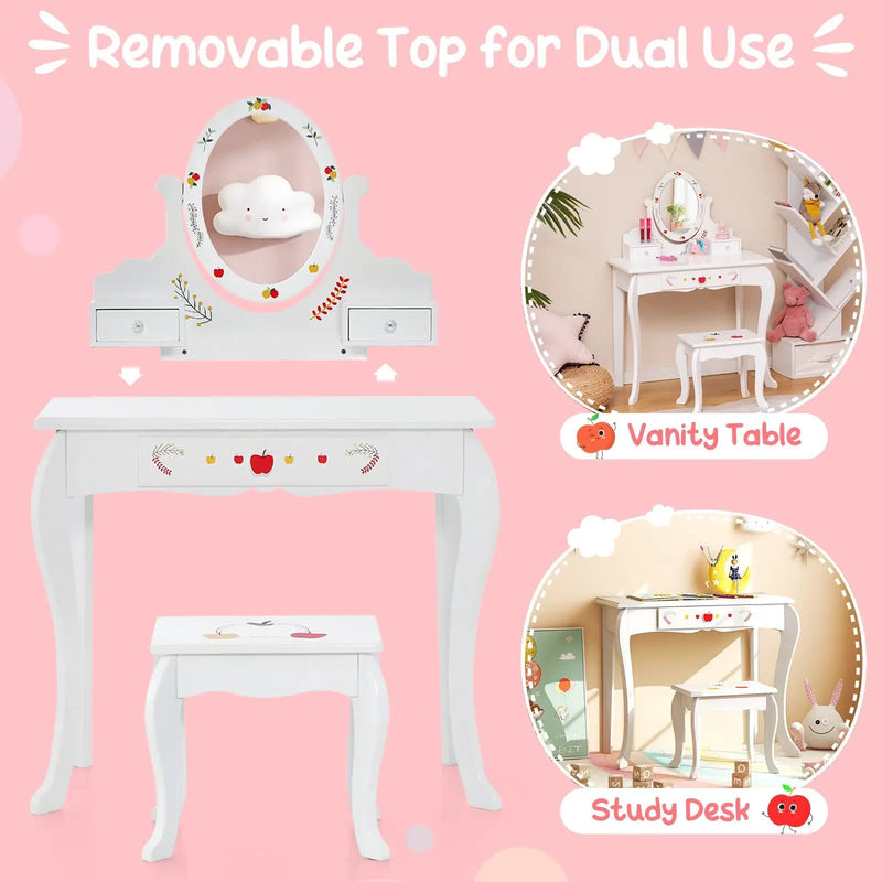 Kids Vanity and Stool Set with 360° Rotatable Mirror and Whiteboard-White by DirectDeals