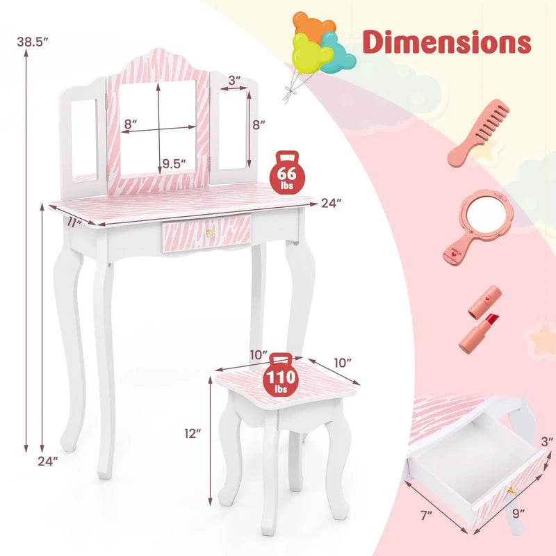 Kids Vanity Set with Drawer and 3 Makeup Accessories-Pink by DirectDeals