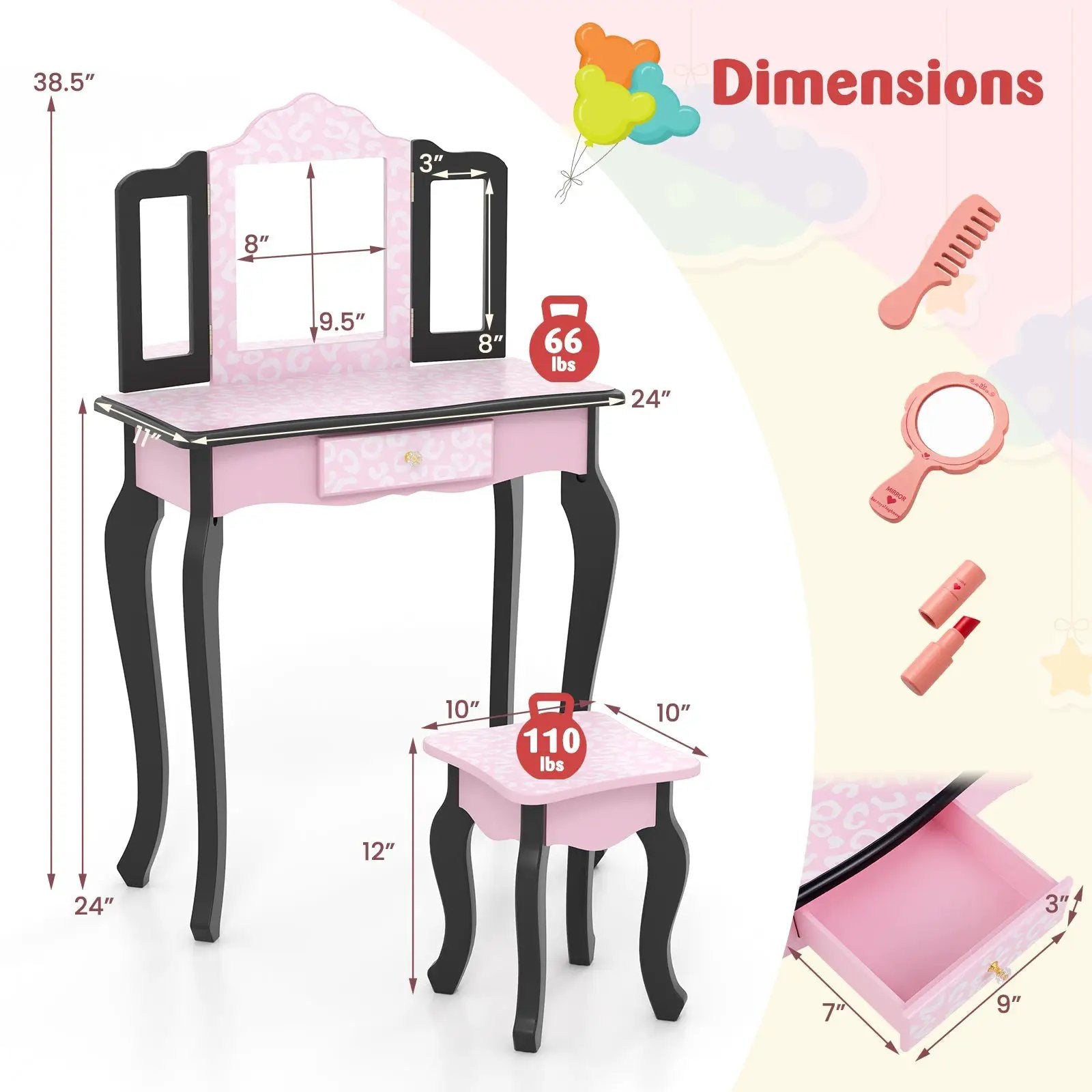 2 in 1 Princess Dressing Table Writing Desk with Cute Leopard Print 3 Makeup Accessories-Pink by DirectDeals