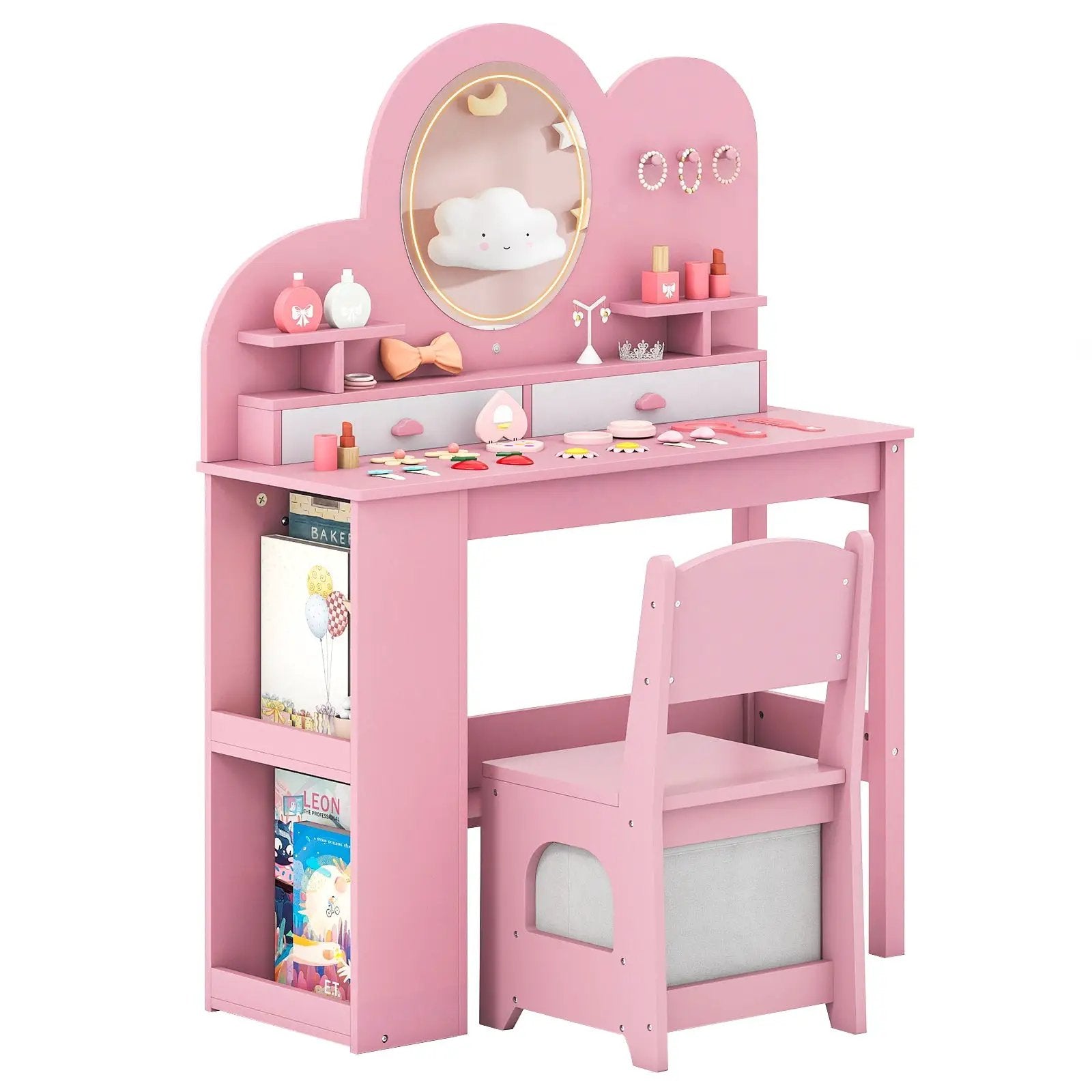 Kids Vanity with Lights Princess Vanity Table and Chair Set with 2 Drawers and 2-Tier Bookshelf by DirectDeals
