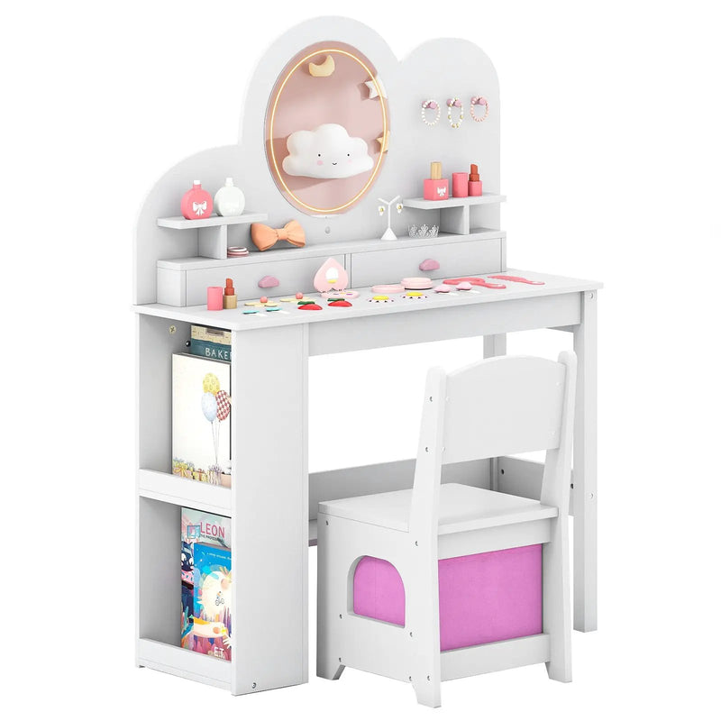 Kids Vanity with Lights Princess Vanity Table and Chair Set with 2 Drawers and 2-Tier Bookshelf by DirectDeals