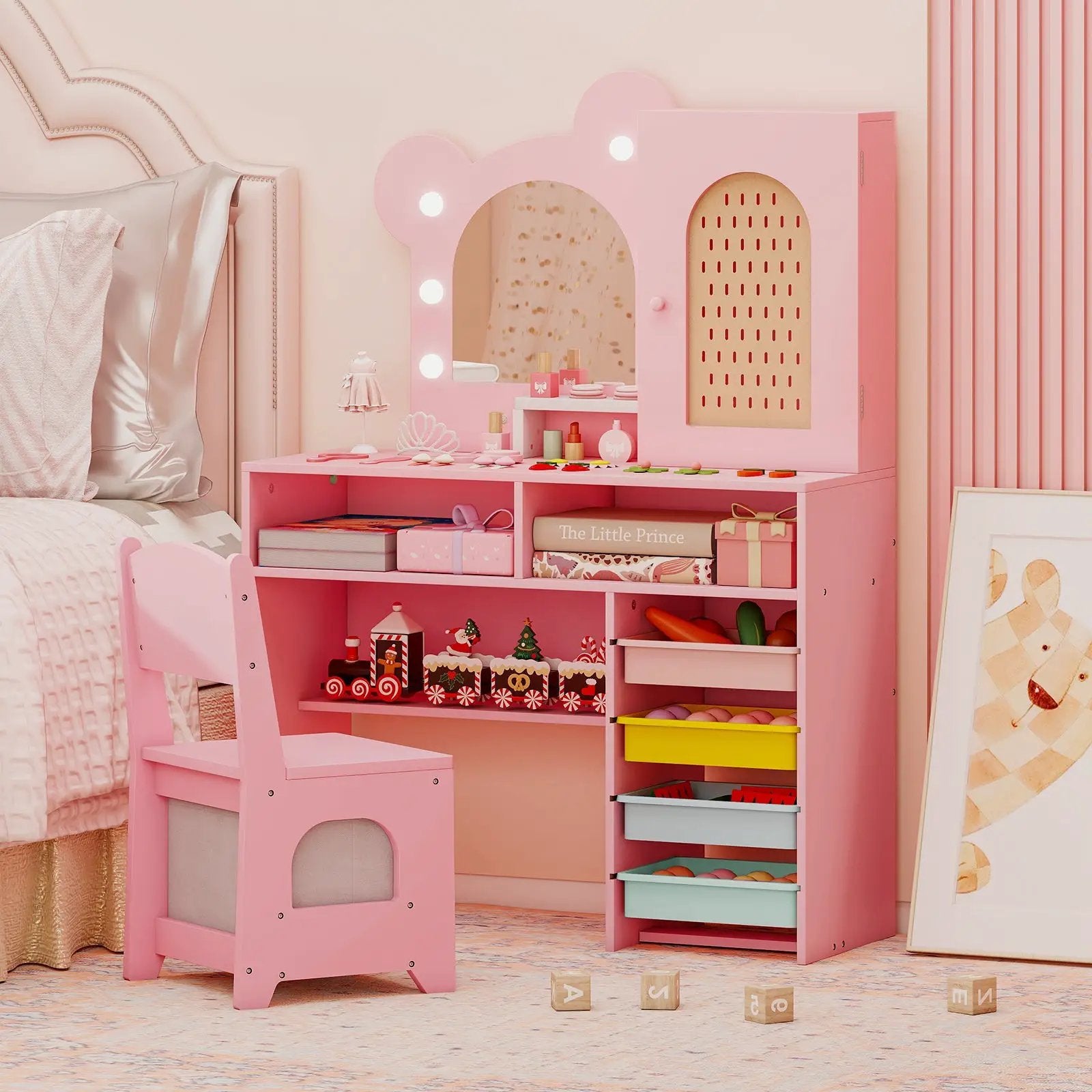 Kids Vanity with Lights and 5 Drawers for Kids Aged 3+ Years Old by DirectDeals