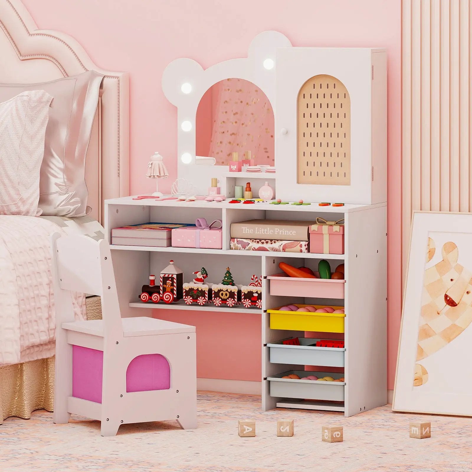 Kids Vanity with Lights and 5 Drawers for Kids Aged 3+ Years Old by DirectDeals