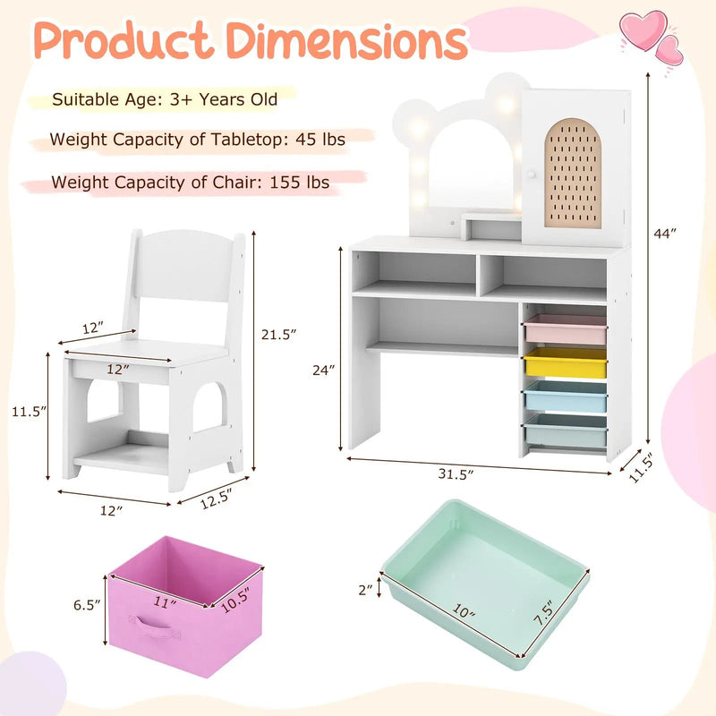 Kids Vanity with Lights and 5 Drawers for Kids Aged 3+ Years Old by DirectDeals