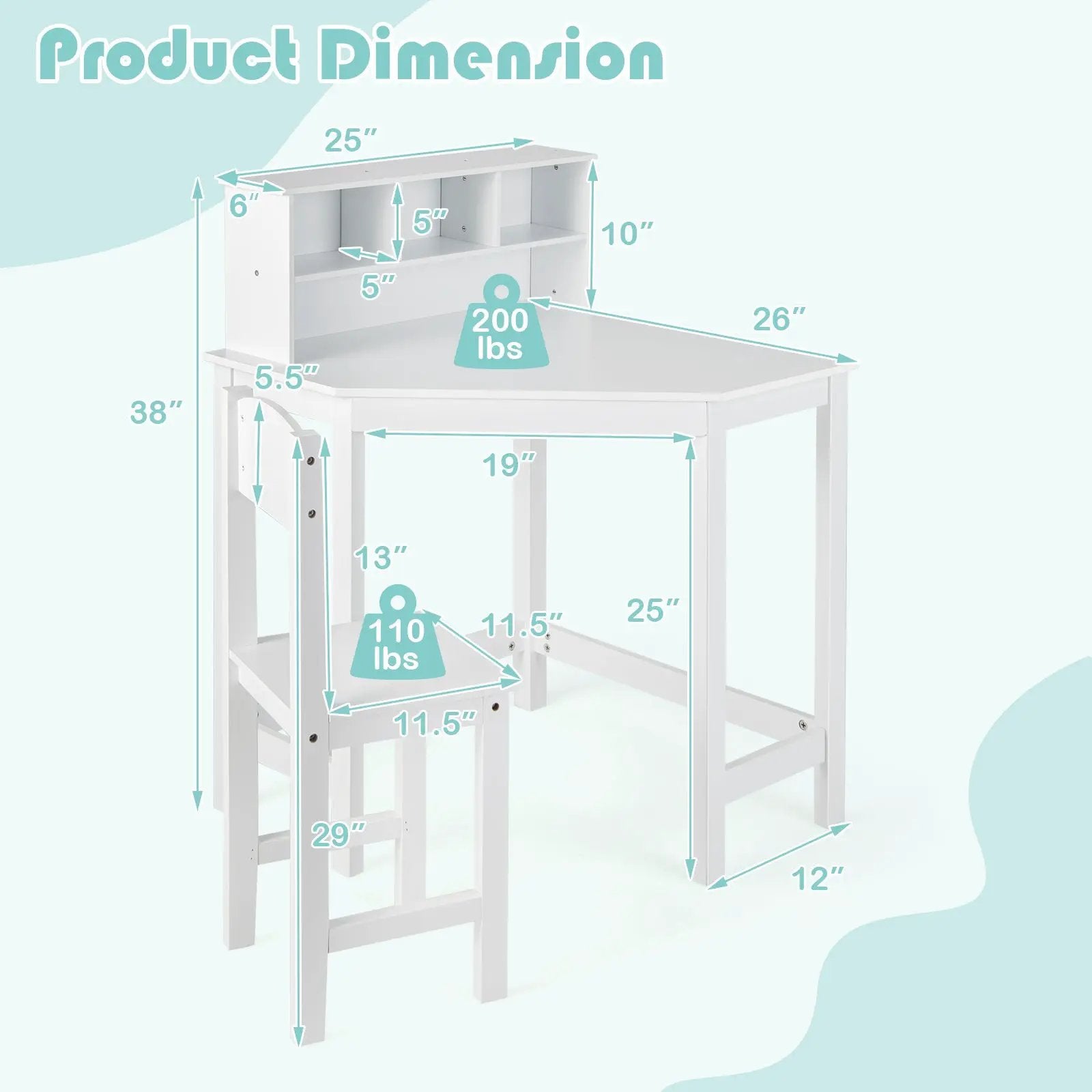 Kids Wooden Corner Desk and Chair Set with Hutch and Storage-White by DirectDeals
