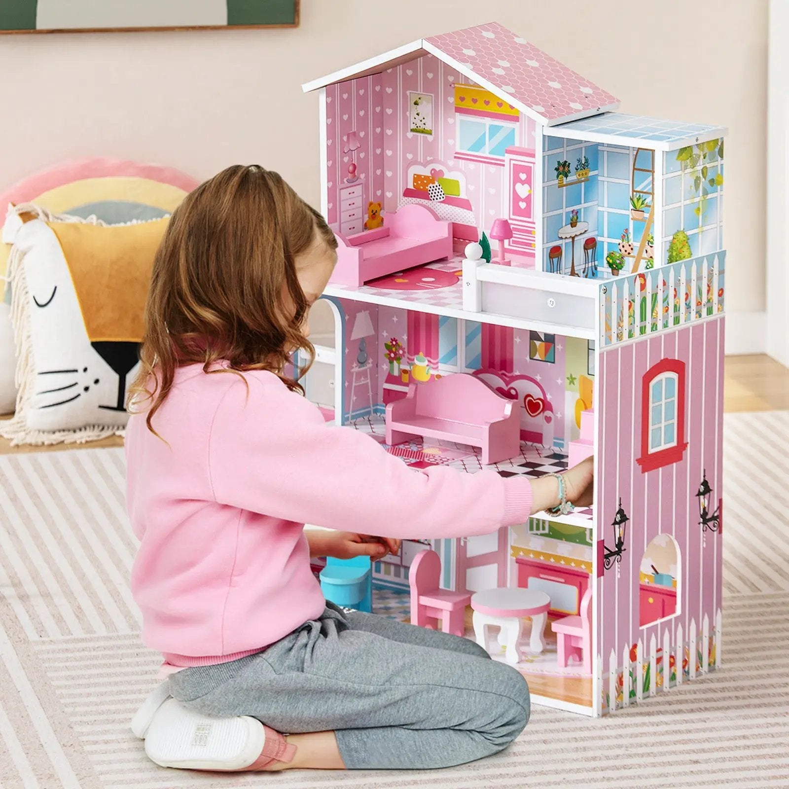 Kids Wooden Dollhouse Playset with 5 Simulated Rooms and 10 Pieces of Furniture-Pink by DirectDeals
