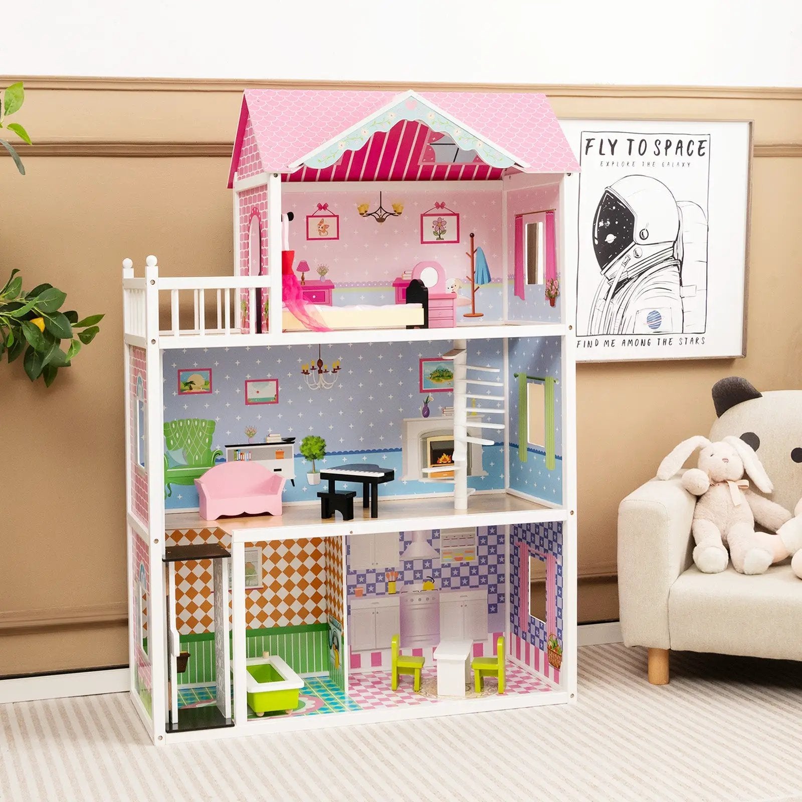 Wooden Dollhouse with Working Elevator and Rotatable Staircase-Pink by DirectDeals
