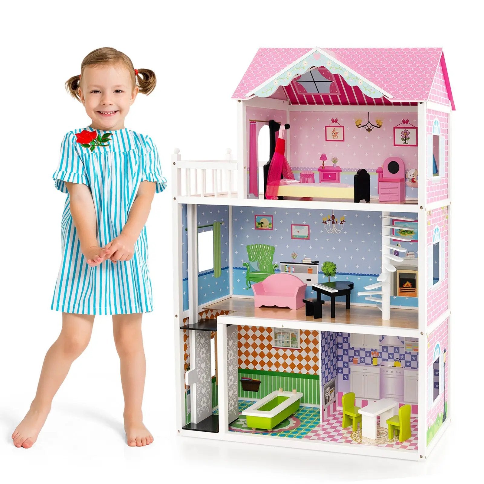 Wooden Dollhouse with Working Elevator and Rotatable Staircase-Pink by DirectDeals