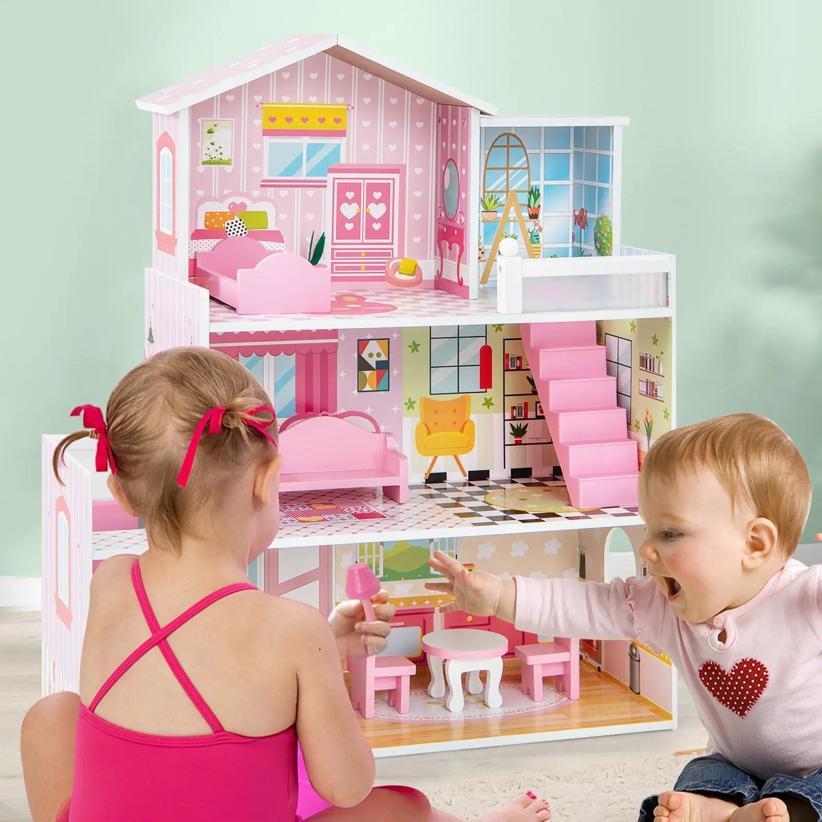 Kids Wooden Dollhouse Playset with 5 Simulated Rooms and 10 Pieces of Furniture-Pink by DirectDeals