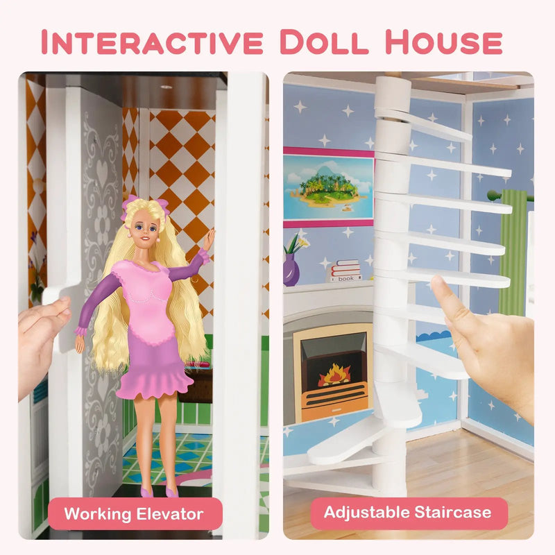 Wooden Dollhouse with Working Elevator and Rotatable Staircase-Pink by DirectDeals