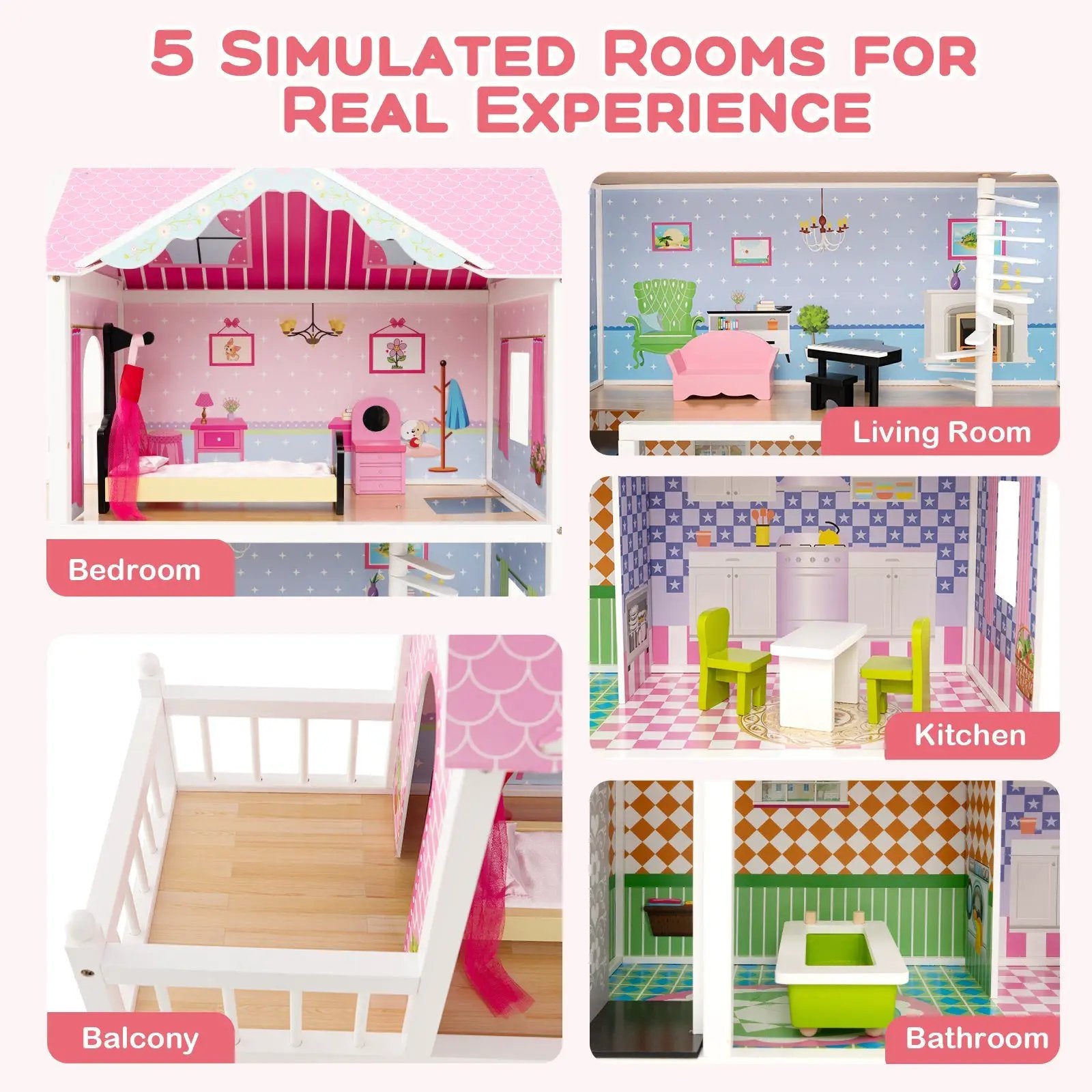 Wooden Dollhouse with Working Elevator and Rotatable Staircase-Pink by DirectDeals