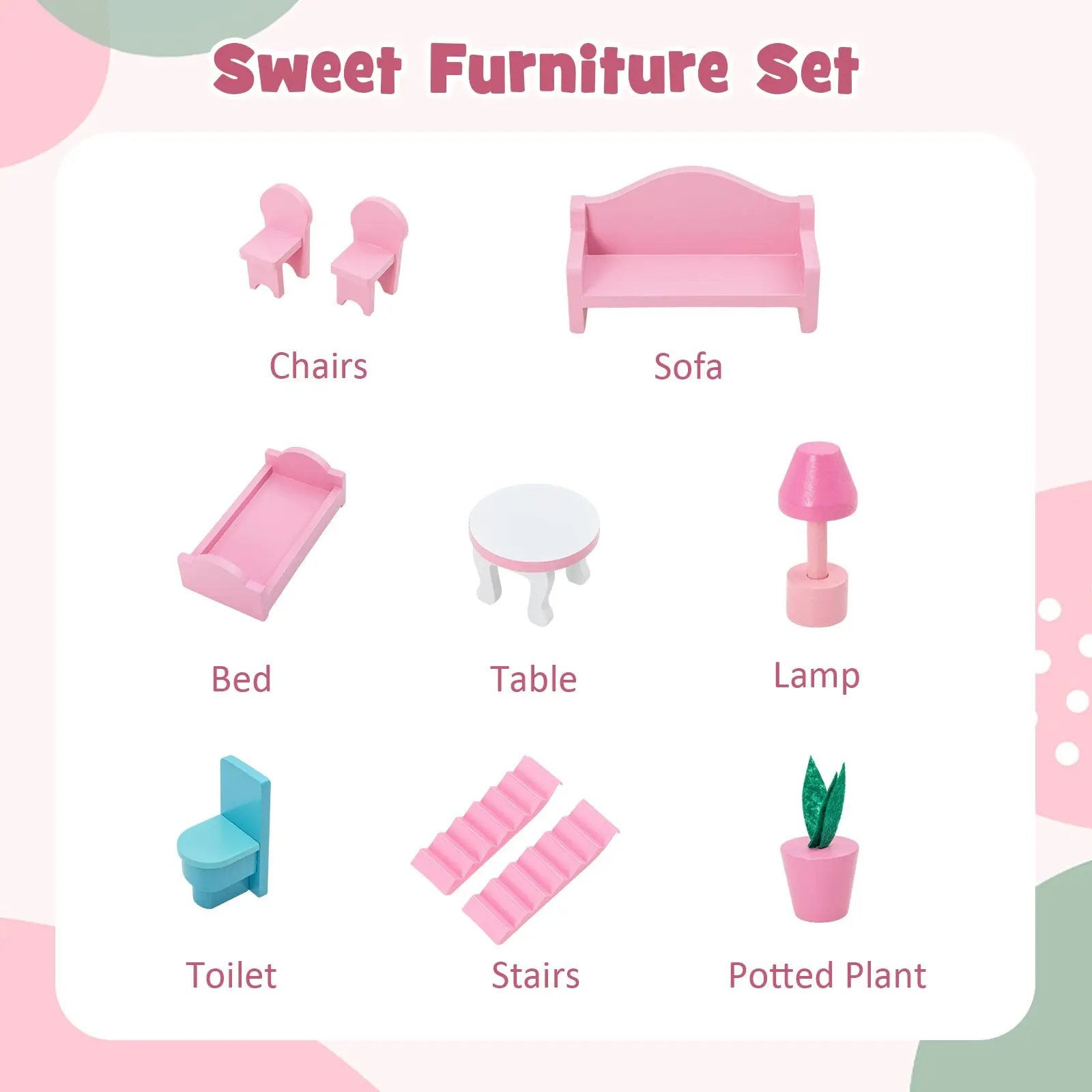 Kids Wooden Dollhouse Playset with 5 Simulated Rooms and 10 Pieces of Furniture-Pink by DirectDeals