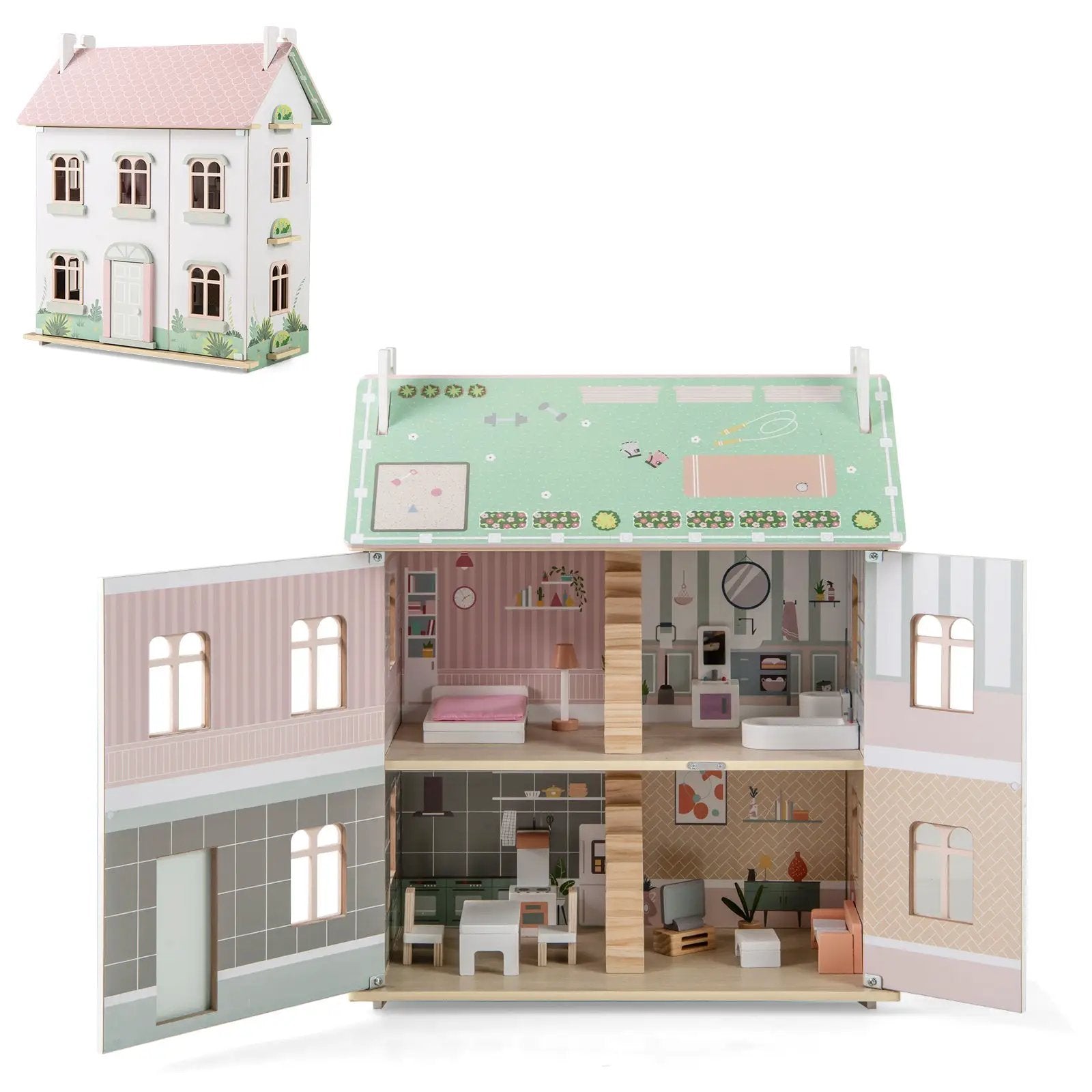 Kids Wooden Dollhouse 3 Level with Double-Sided Roofs and Doors-Pink by DirectDeals