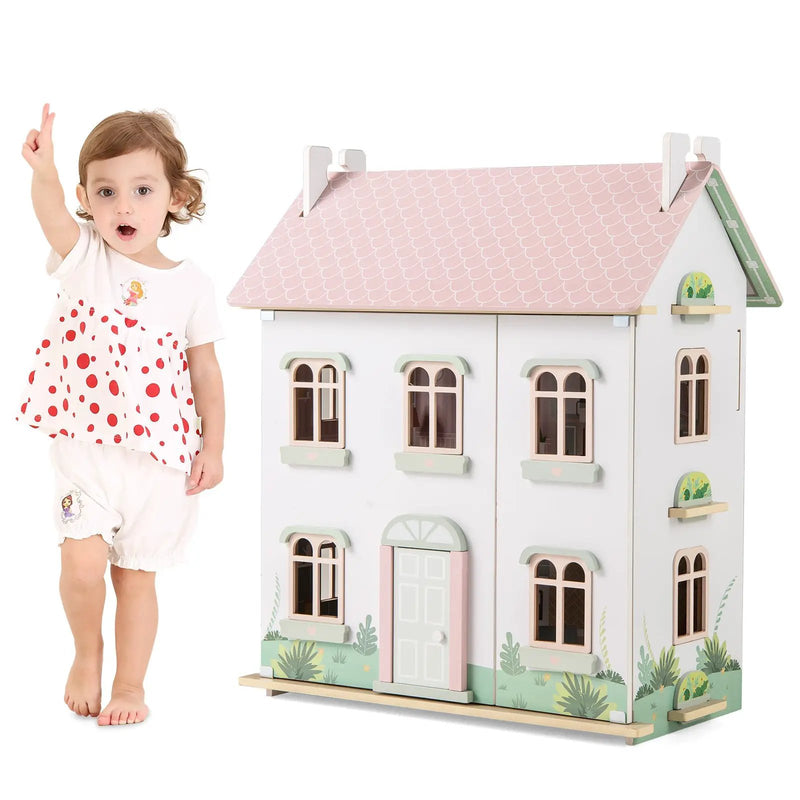 Kids Wooden Dollhouse 3 Level with Double-Sided Roofs and Doors-Pink by DirectDeals