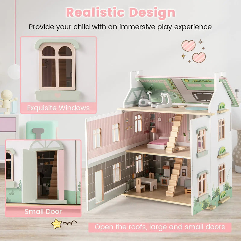 Kids Wooden Dollhouse 3 Level with Double-Sided Roofs and Doors-Pink by DirectDeals