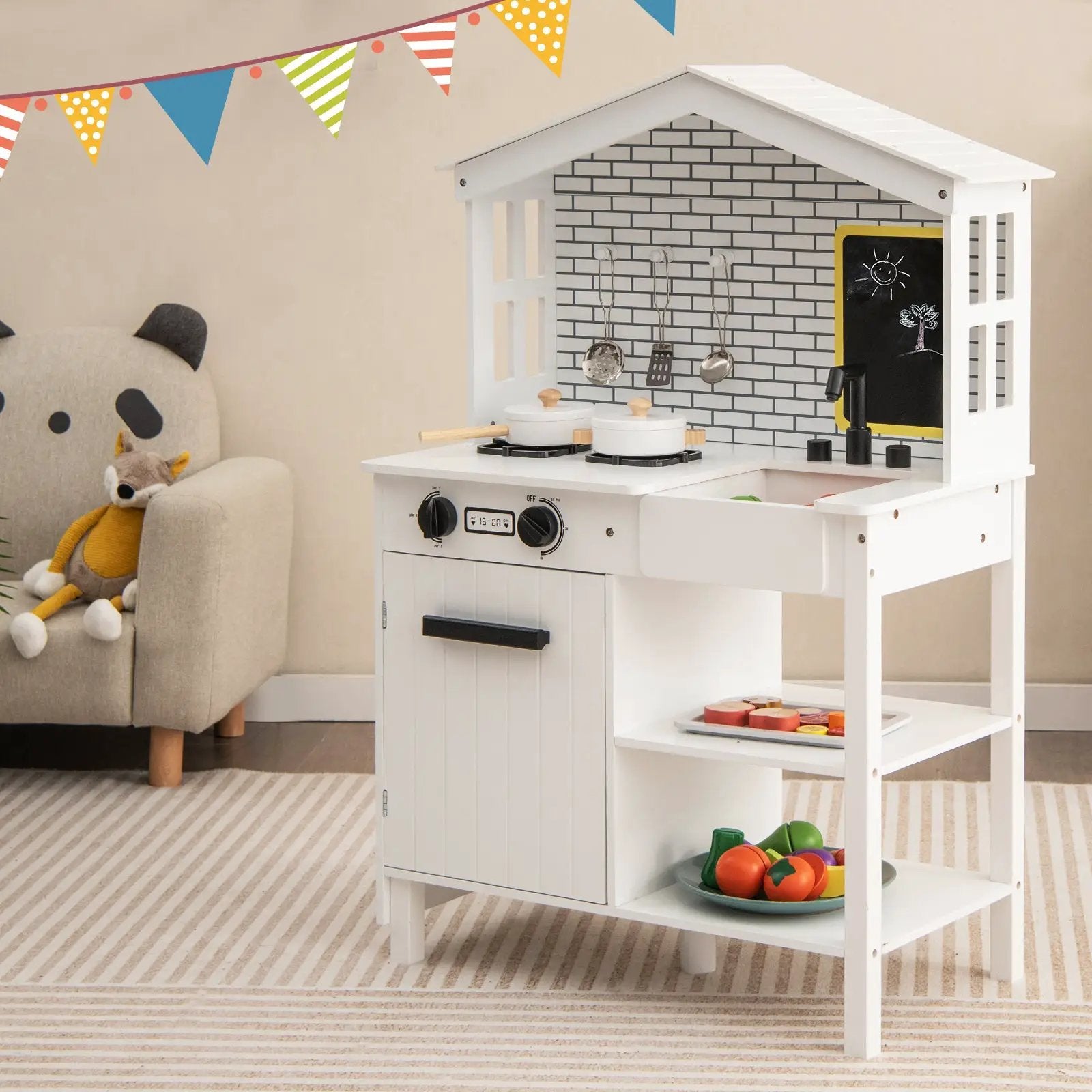 Kids Wooden Kitchen Play Set with Storage Shelves and Accessories-White by DirectDeals