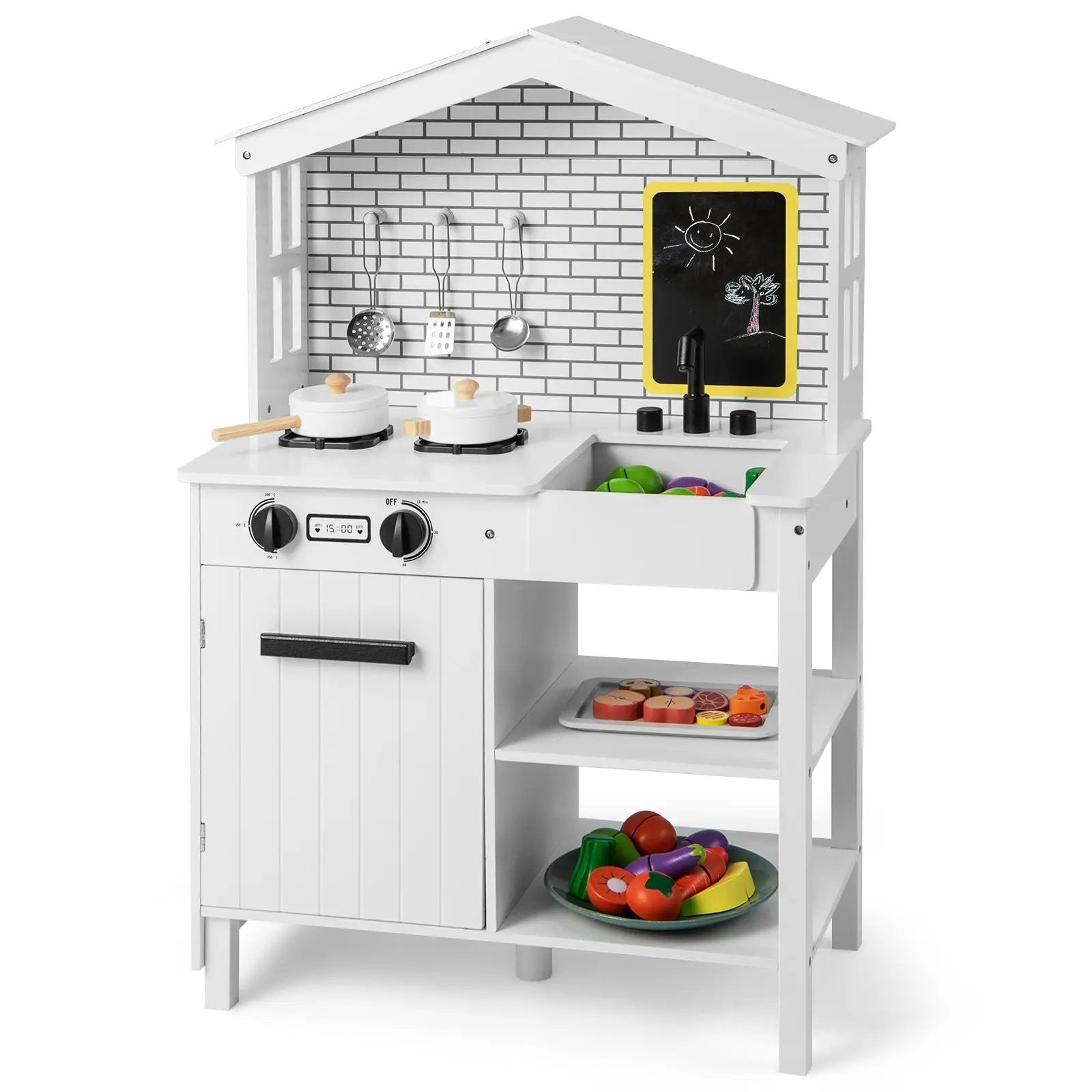 Kids Wooden Kitchen Play Set with Storage Shelves and Accessories-White by DirectDeals
