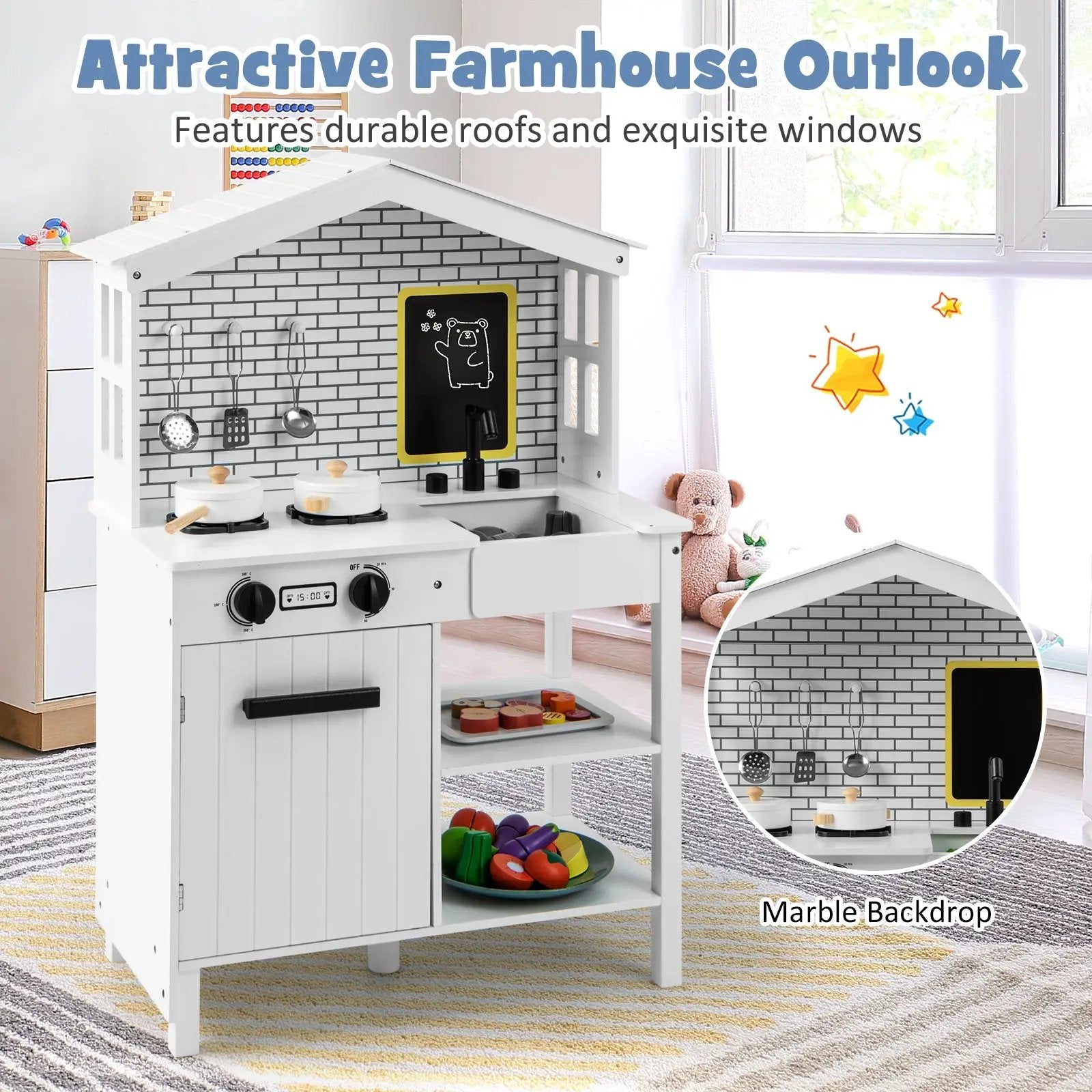 Kids Wooden Kitchen Play Set with Storage Shelves and Accessories-White by DirectDeals
