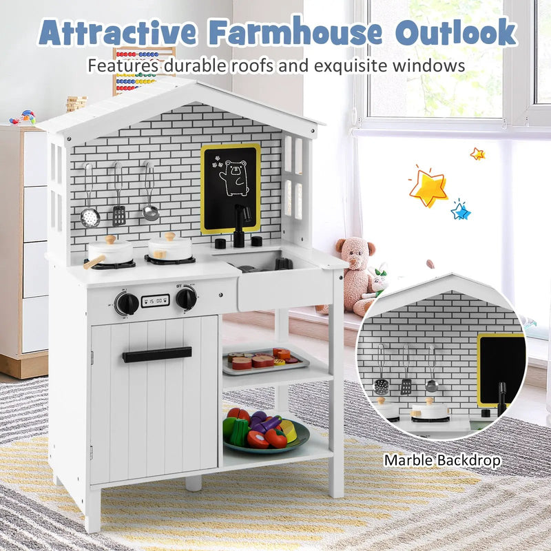 Kids Wooden Kitchen Play Set with Storage Shelves and Accessories-White by DirectDeals