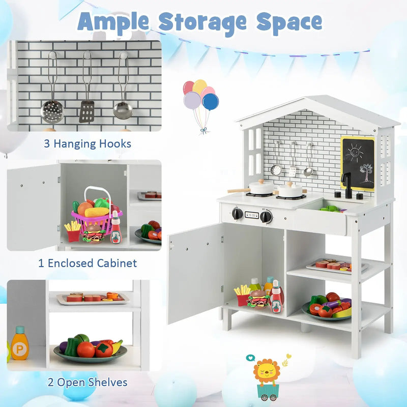 Kids Wooden Kitchen Play Set with Storage Shelves and Accessories-White by DirectDeals